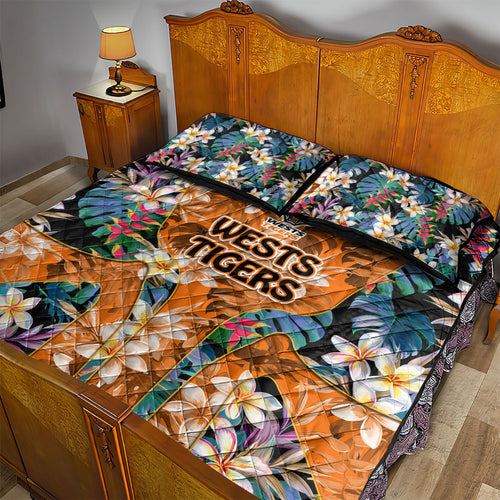 Wests Tigers Quilt Bed Set Tropical Hibiscus Floral Pattern With Orange And Black Accents