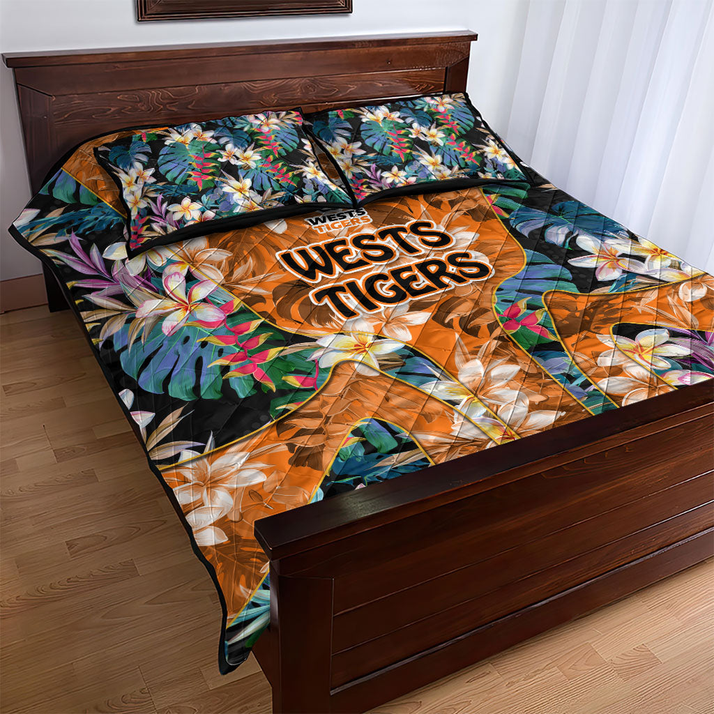Wests Tigers Quilt Bed Set Tropical Hibiscus Floral Pattern With Orange And Black Accents