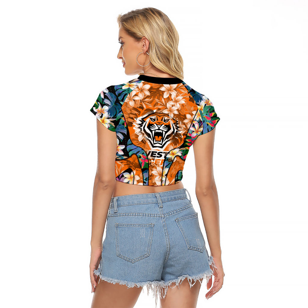Wests Tigers Raglan Cropped T Shirt Tropical Hibiscus Floral Pattern With Orange And Black Accents