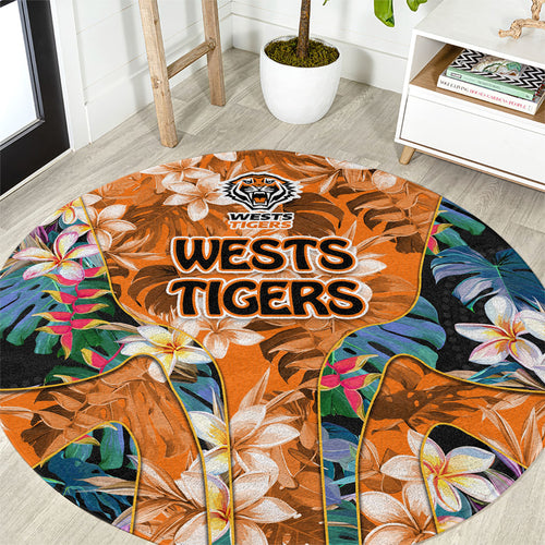 Wests Tigers Round Carpet Tropical Hibiscus Floral Pattern With Orange And Black Accents