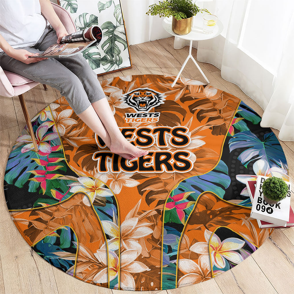 Wests Tigers Round Carpet Tropical Hibiscus Floral Pattern With Orange And Black Accents
