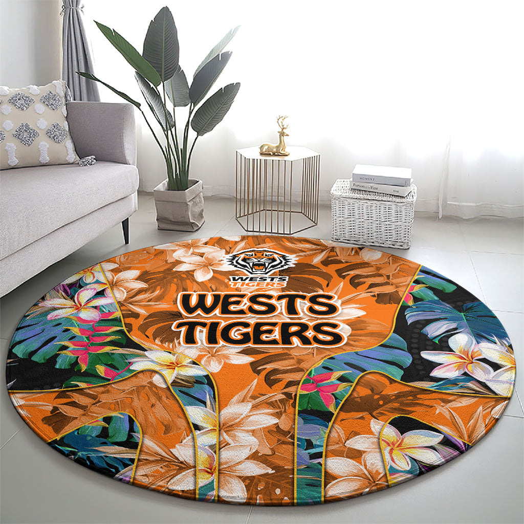 Wests Tigers Round Carpet Tropical Hibiscus Floral Pattern With Orange And Black Accents
