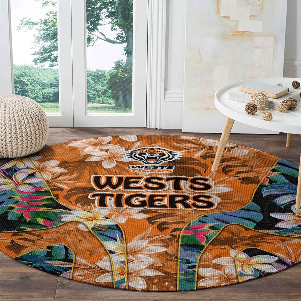 Wests Tigers Round Carpet Tropical Hibiscus Floral Pattern With Orange And Black Accents