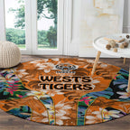 Wests Tigers Round Carpet Tropical Hibiscus Floral Pattern With Orange And Black Accents