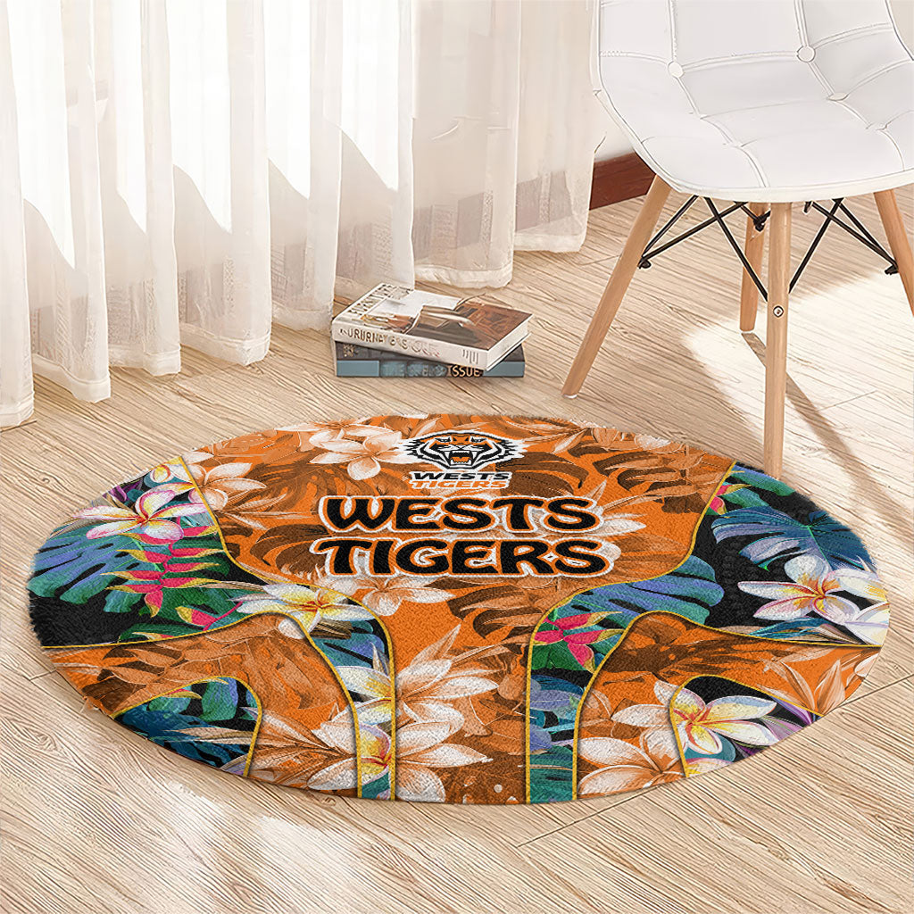 Wests Tigers Round Carpet Tropical Hibiscus Floral Pattern With Orange And Black Accents
