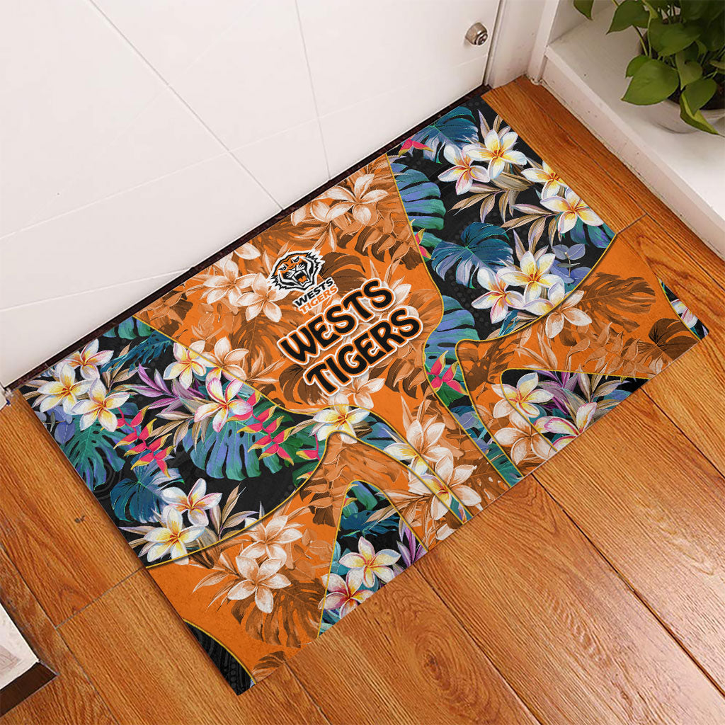 Wests Tigers Rubber Doormat Tropical Hibiscus Floral Pattern With Orange And Black Accents