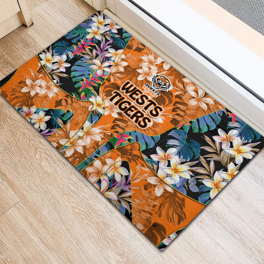 Wests Tigers Rubber Doormat Tropical Hibiscus Floral Pattern With Orange And Black Accents