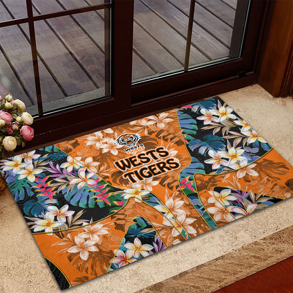 Wests Tigers Rubber Doormat Tropical Hibiscus Floral Pattern With Orange And Black Accents