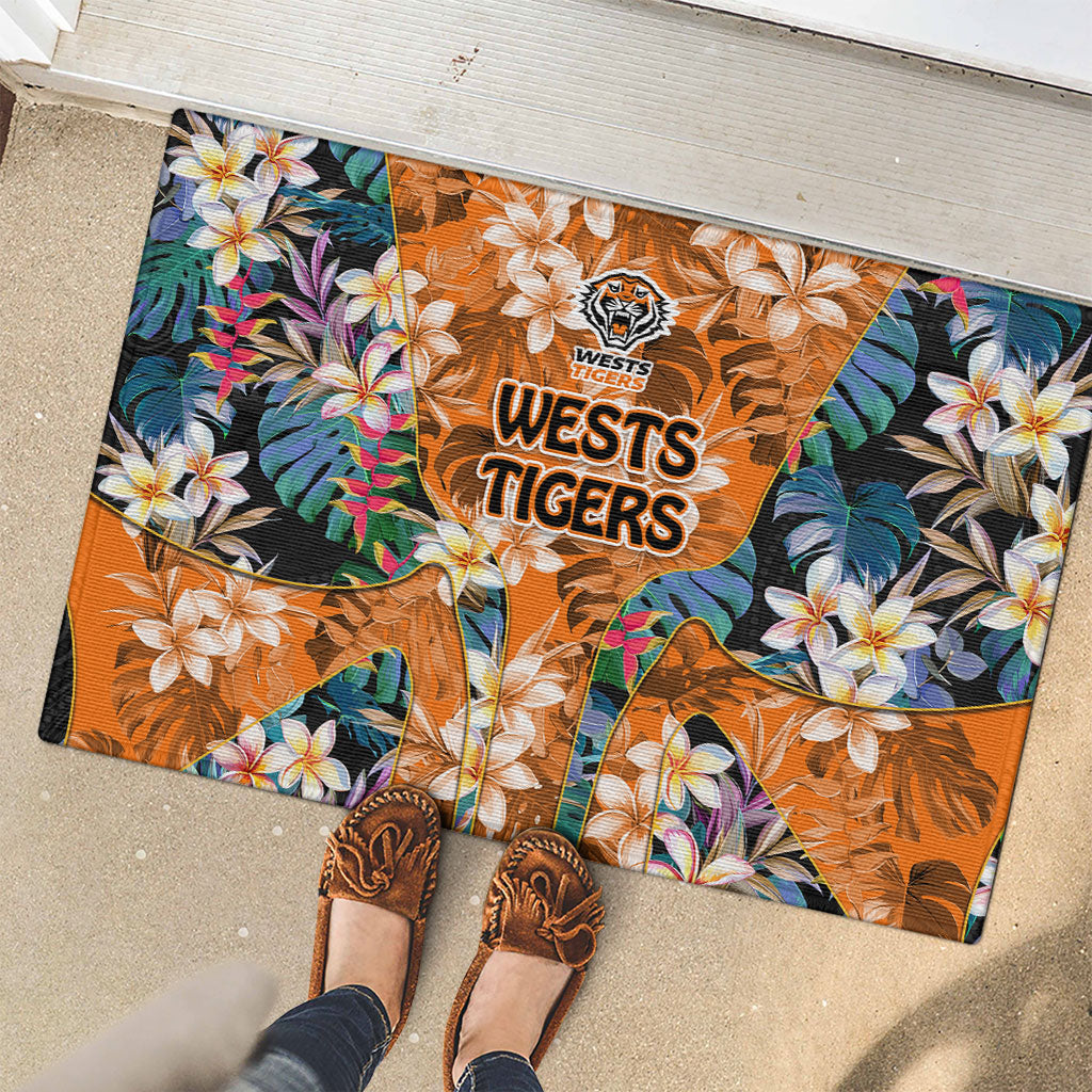 Wests Tigers Rubber Doormat Tropical Hibiscus Floral Pattern With Orange And Black Accents