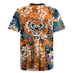 Wests Tigers Rugby Jersey Tropical Hibiscus Floral Pattern With Orange And Black Accents