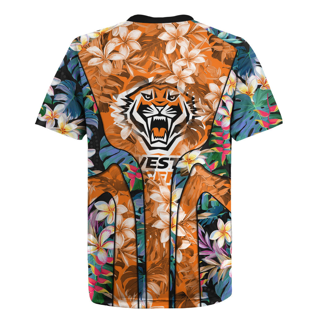 Wests Tigers Rugby Jersey Tropical Hibiscus Floral Pattern With Orange And Black Accents