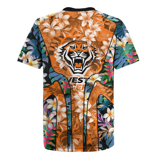 Wests Tigers Rugby Jersey Tropical Hibiscus Floral Pattern With Orange And Black Accents