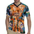 Wests Tigers Rugby Jersey Tropical Hibiscus Floral Pattern With Orange And Black Accents