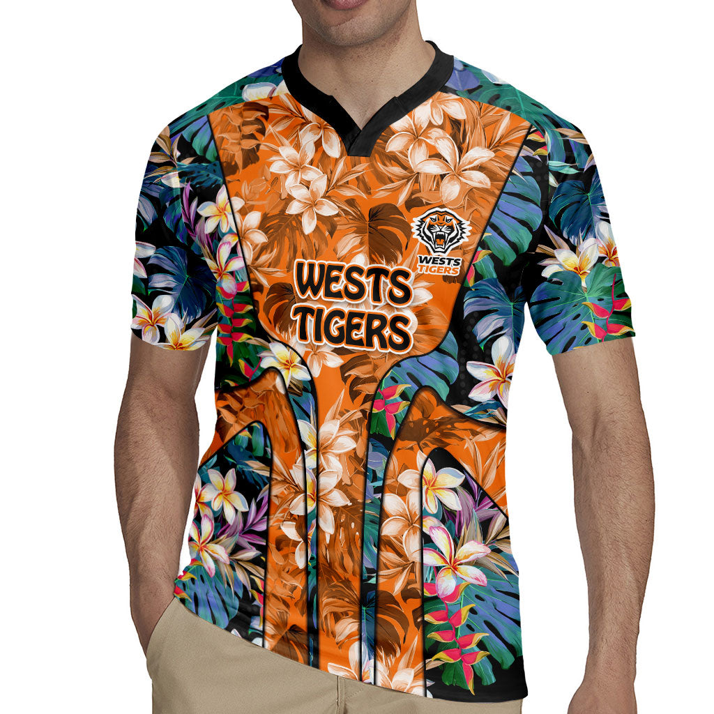 Wests Tigers Rugby Jersey Tropical Hibiscus Floral Pattern With Orange And Black Accents