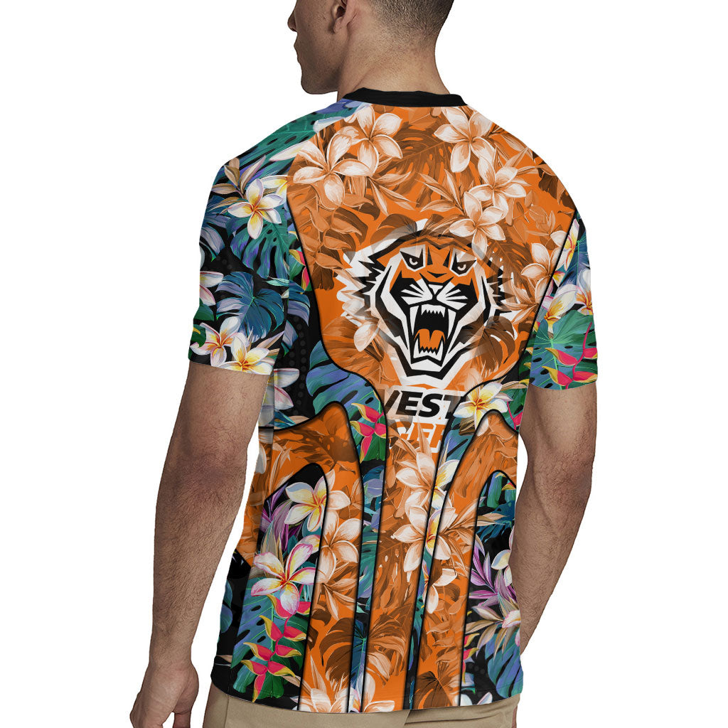 Wests Tigers Rugby Jersey Tropical Hibiscus Floral Pattern With Orange And Black Accents