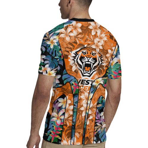 Wests Tigers Rugby Jersey Tropical Hibiscus Floral Pattern With Orange And Black Accents