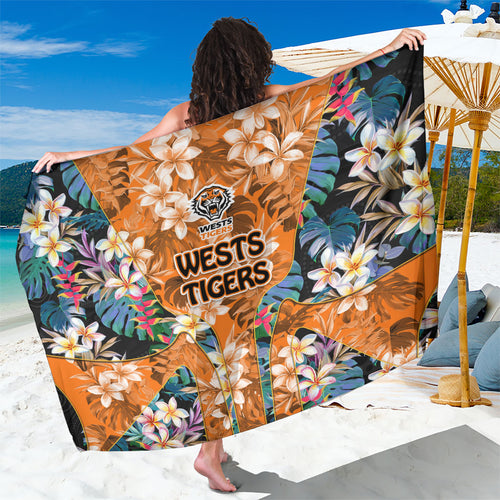 Wests Tigers Sarong Tropical Hibiscus Floral Pattern With Orange And Black Accents