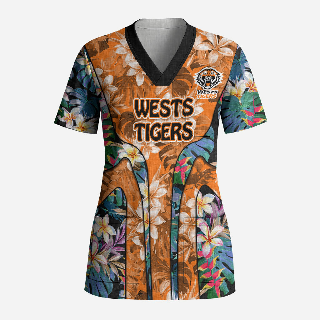 Wests Tigers Scrub Top Tropical Hibiscus Floral Pattern With Orange And Black Accents