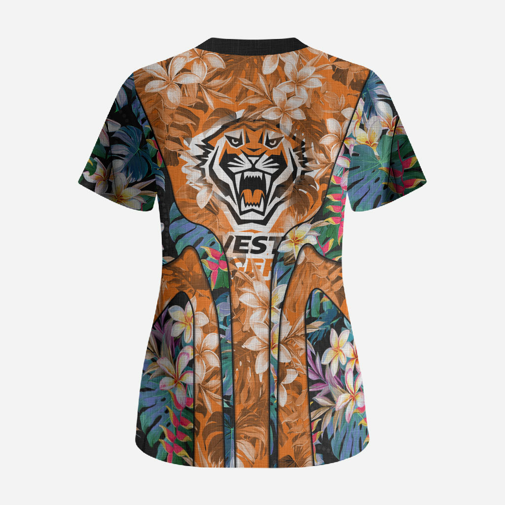 Wests Tigers Scrub Top Tropical Hibiscus Floral Pattern With Orange And Black Accents