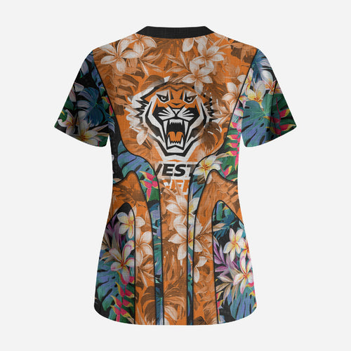 Wests Tigers Scrub Top Tropical Hibiscus Floral Pattern With Orange And Black Accents