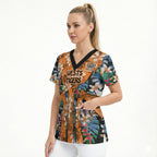 Wests Tigers Scrub Top Tropical Hibiscus Floral Pattern With Orange And Black Accents