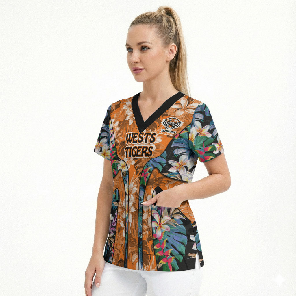 Wests Tigers Scrub Top Tropical Hibiscus Floral Pattern With Orange And Black Accents