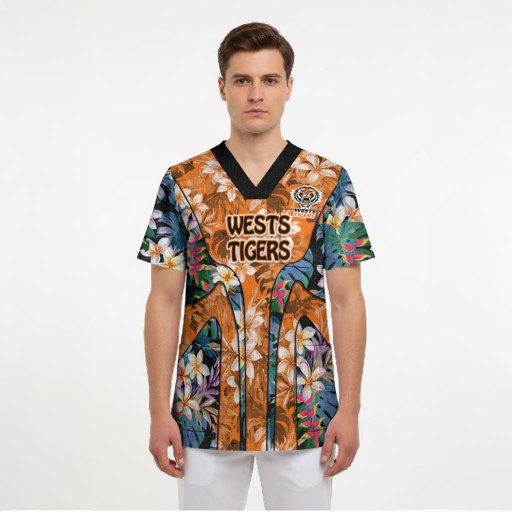 Wests Tigers Scrub Top Tropical Hibiscus Floral Pattern With Orange And Black Accents