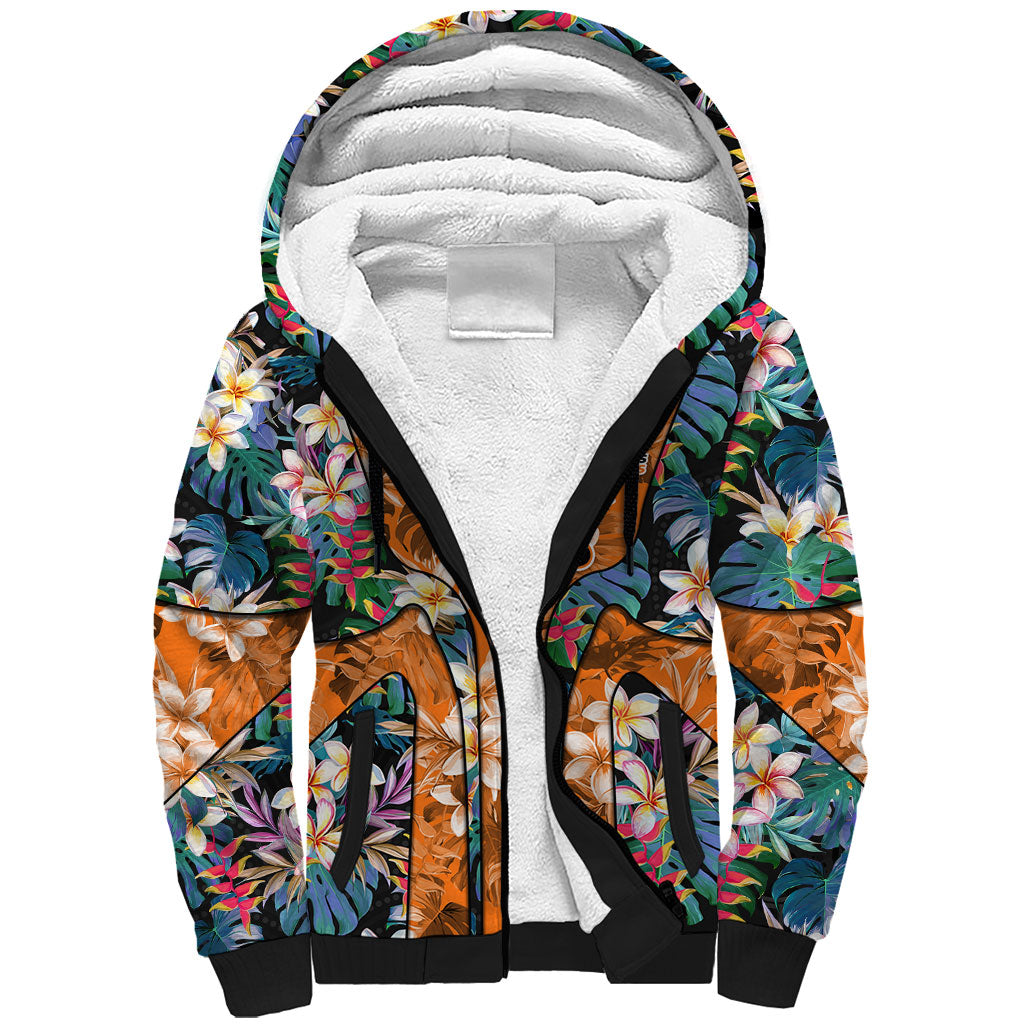 Wests Tigers Sherpa Hoodie Tropical Hibiscus Floral Pattern With Orange And Black Accents