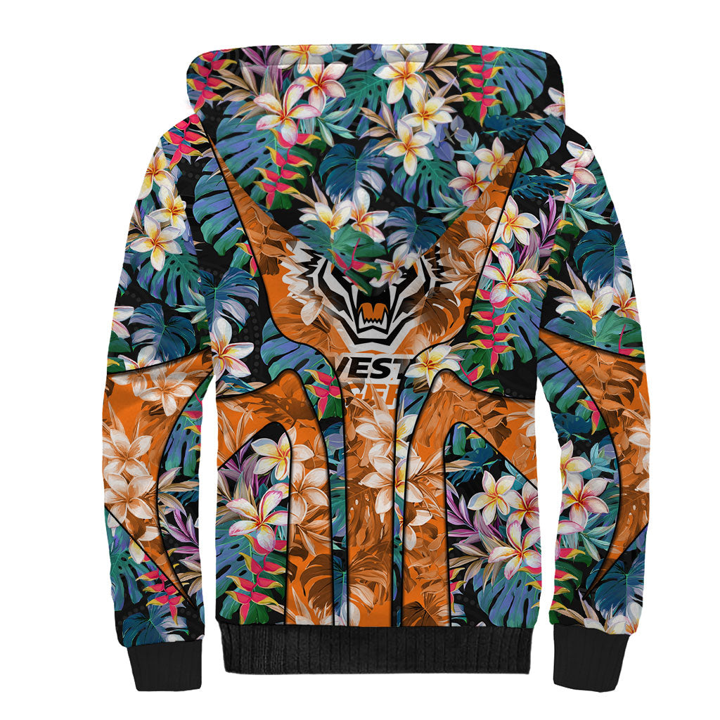 Wests Tigers Sherpa Hoodie Tropical Hibiscus Floral Pattern With Orange And Black Accents