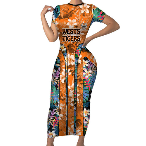 Wests Tigers Short Sleeve Bodycon Dress Tropical Hibiscus Floral Pattern With Orange And Black Accents
