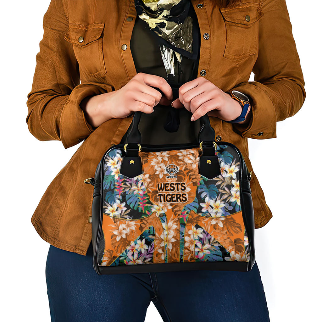 Wests Tigers Shoulder Handbag Tropical Hibiscus Floral Pattern With Orange And Black Accents