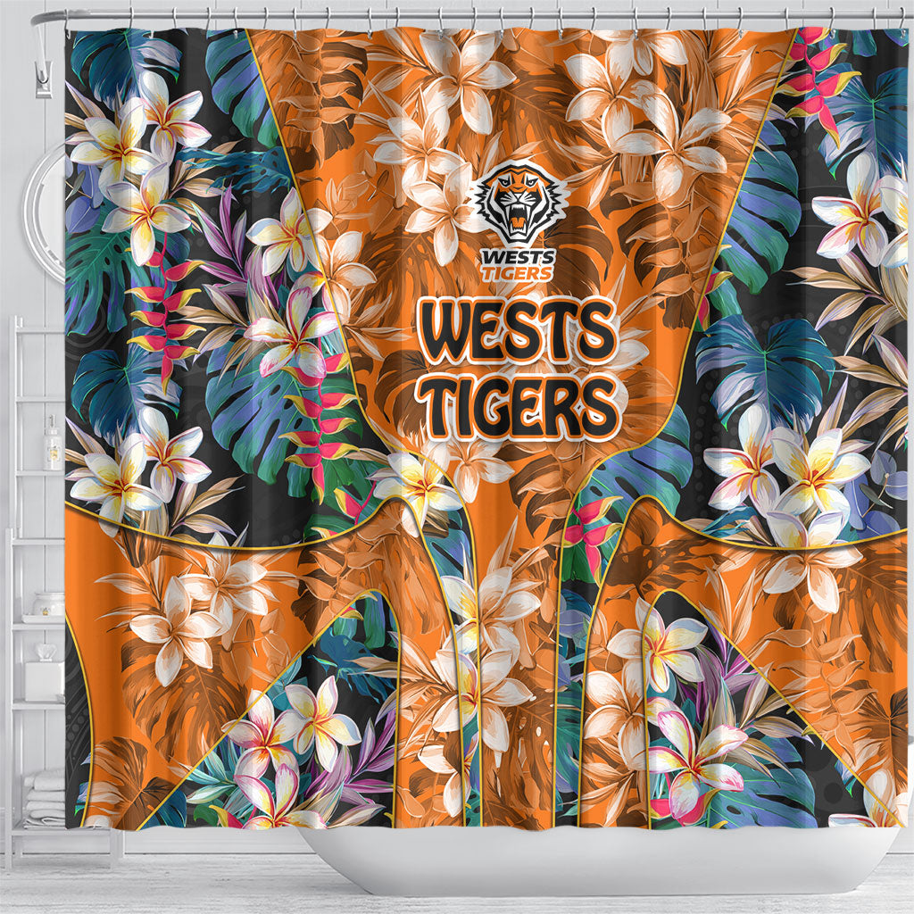 Wests Tigers Shower Curtain Tropical Hibiscus Floral Pattern With Orange And Black Accents