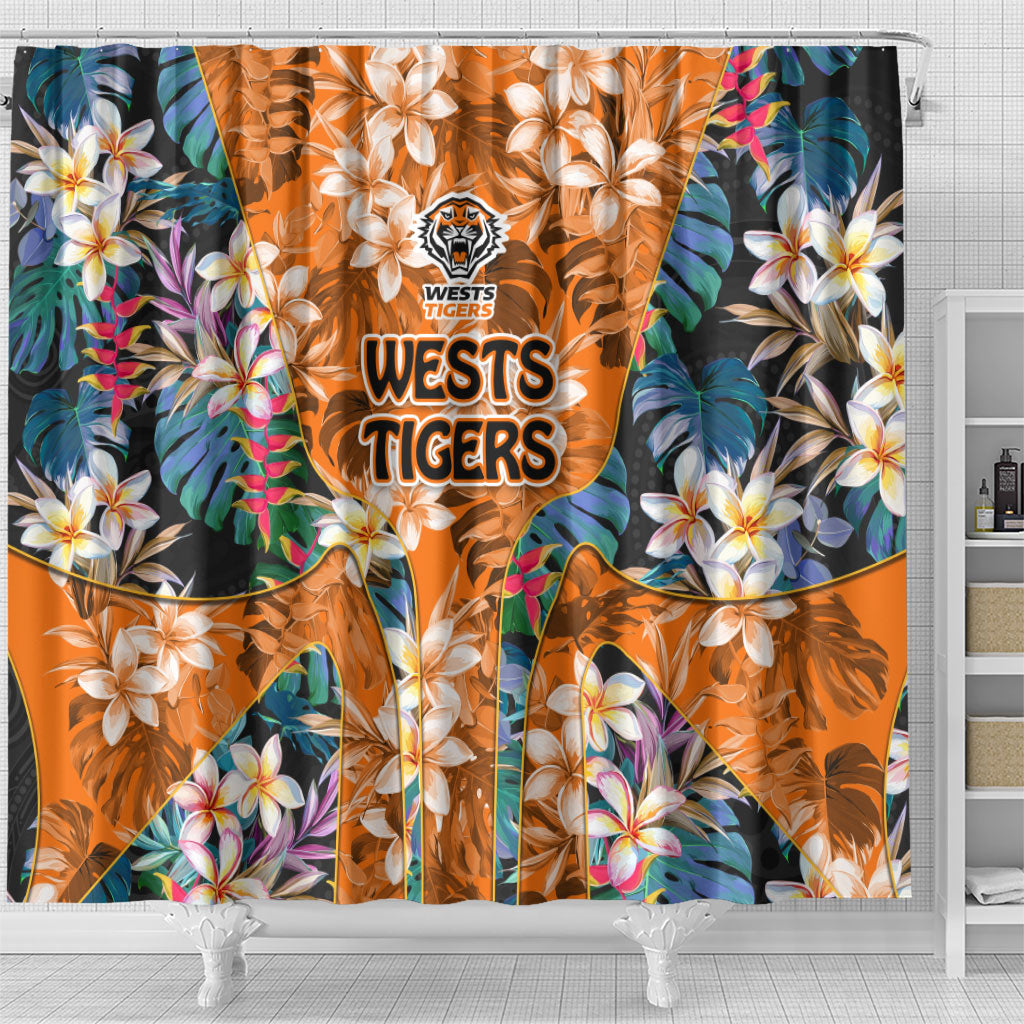 Wests Tigers Shower Curtain Tropical Hibiscus Floral Pattern With Orange And Black Accents