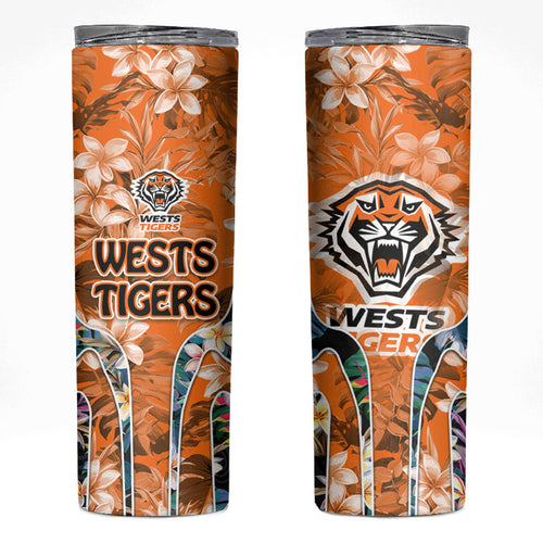 Wests Tigers Skinny Tumbler Tropical Hibiscus Floral Pattern With Orange And Black Accents
