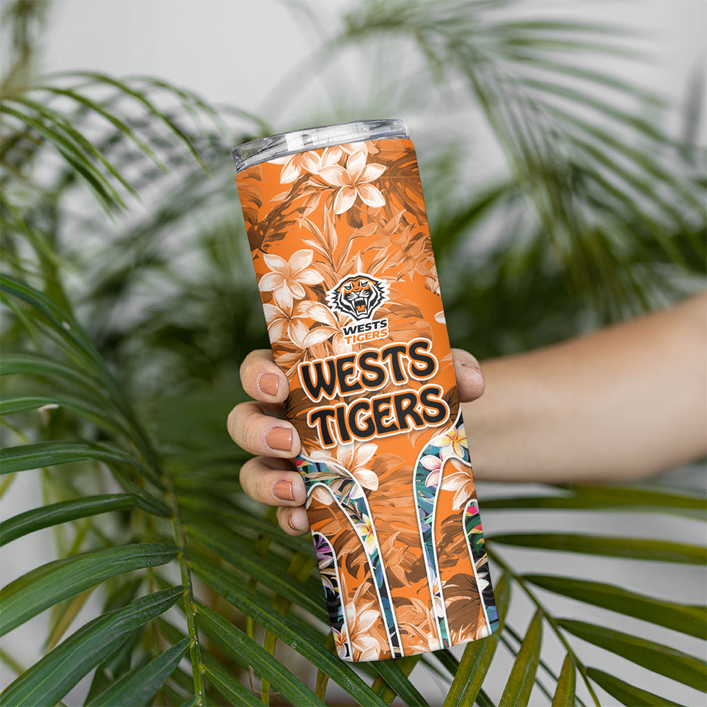 Wests Tigers Skinny Tumbler Tropical Hibiscus Floral Pattern With Orange And Black Accents