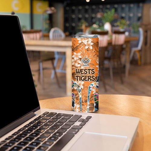 Wests Tigers Skinny Tumbler Tropical Hibiscus Floral Pattern With Orange And Black Accents