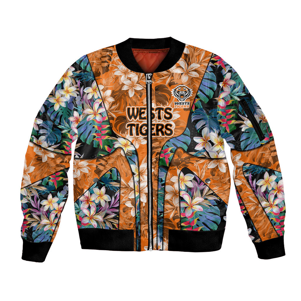 Wests Tigers Sleeve Zip Bomber Jacket Tropical Hibiscus Floral Pattern With Orange And Black Accents