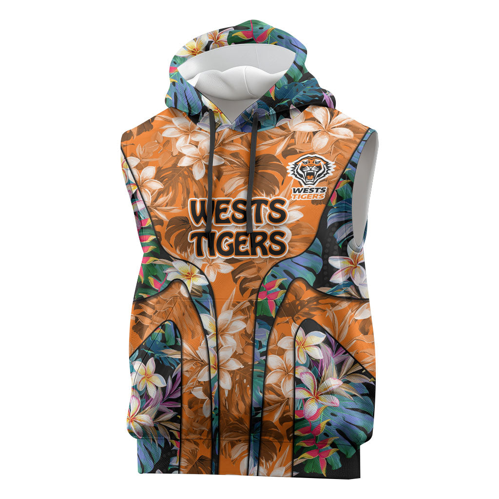 Wests Tigers Sleeveless Hoodie Tropical Hibiscus Floral Pattern With Orange And Black Accents