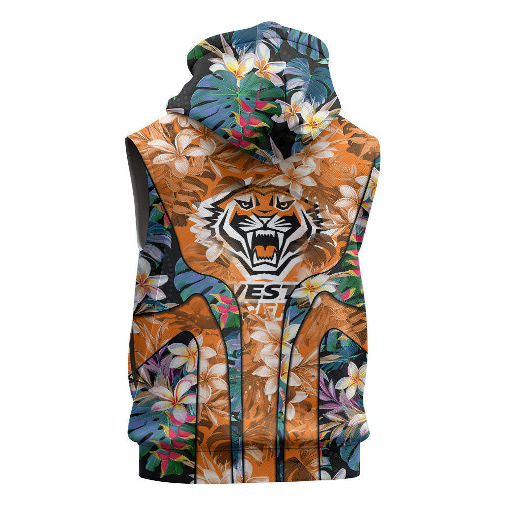 Wests Tigers Sleeveless Hoodie Tropical Hibiscus Floral Pattern With Orange And Black Accents