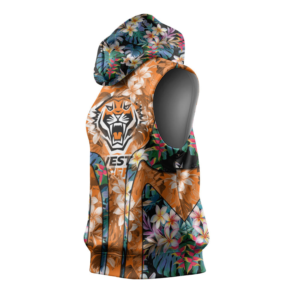 Wests Tigers Sleeveless Hoodie Tropical Hibiscus Floral Pattern With Orange And Black Accents