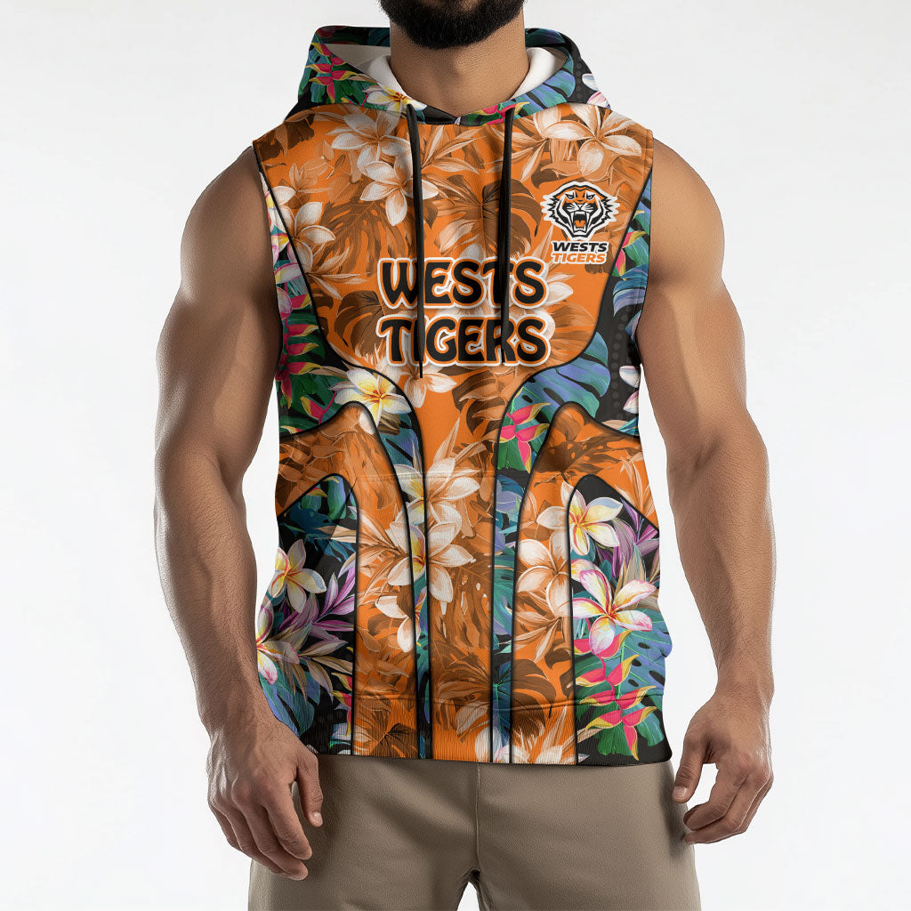 Wests Tigers Sleeveless Hoodie Tropical Hibiscus Floral Pattern With Orange And Black Accents