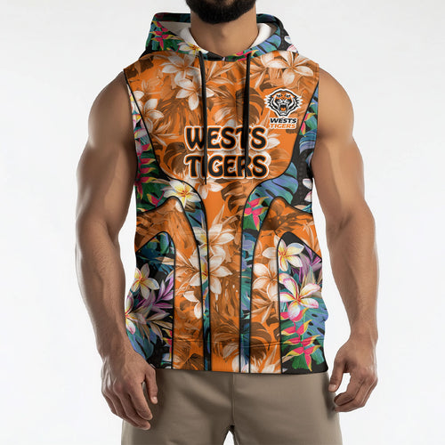 Wests Tigers Sleeveless Hoodie Tropical Hibiscus Floral Pattern With Orange And Black Accents