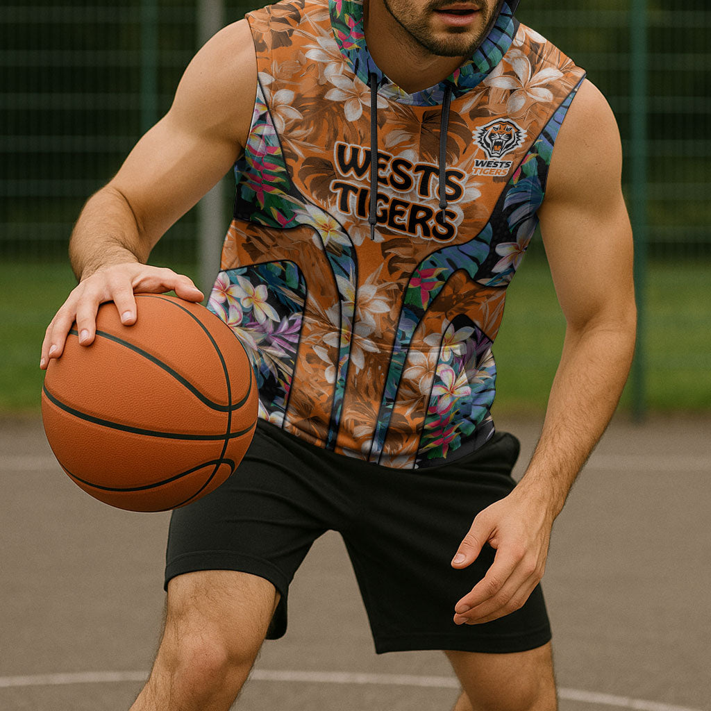 Wests Tigers Sleeveless Hoodie Tropical Hibiscus Floral Pattern With Orange And Black Accents
