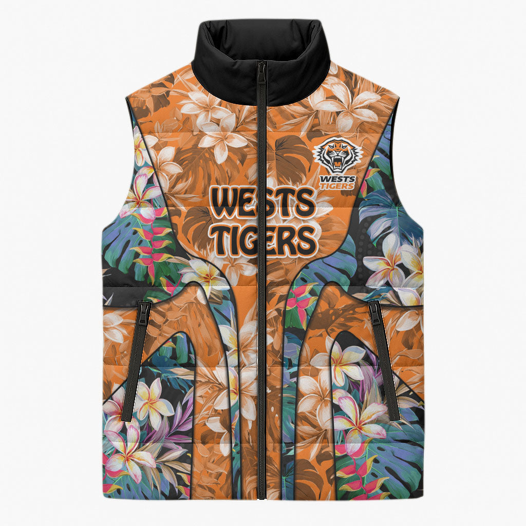 Wests Tigers Sleeveless Puffer Jacket Tropical Hibiscus Floral Pattern With Orange And Black Accents