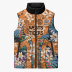Wests Tigers Sleeveless Puffer Jacket Tropical Hibiscus Floral Pattern With Orange And Black Accents