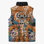 Wests Tigers Sleeveless Puffer Jacket Tropical Hibiscus Floral Pattern With Orange And Black Accents