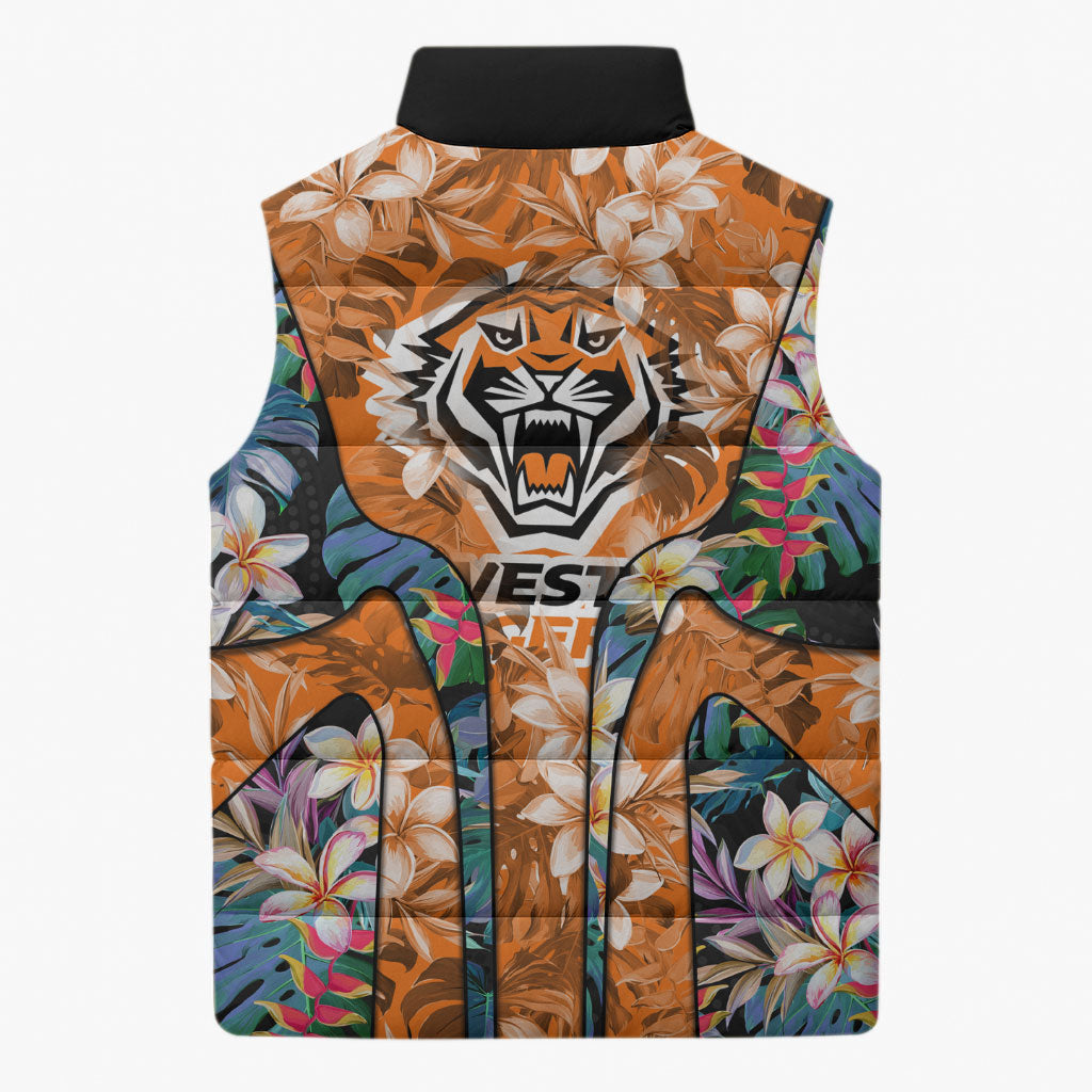 Wests Tigers Sleeveless Puffer Jacket Tropical Hibiscus Floral Pattern With Orange And Black Accents
