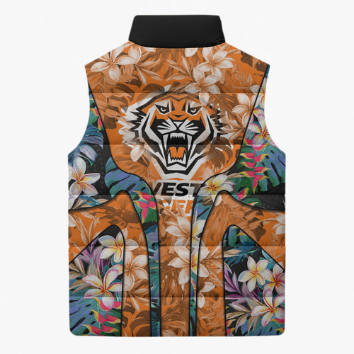 Wests Tigers Sleeveless Puffer Jacket Tropical Hibiscus Floral Pattern With Orange And Black Accents