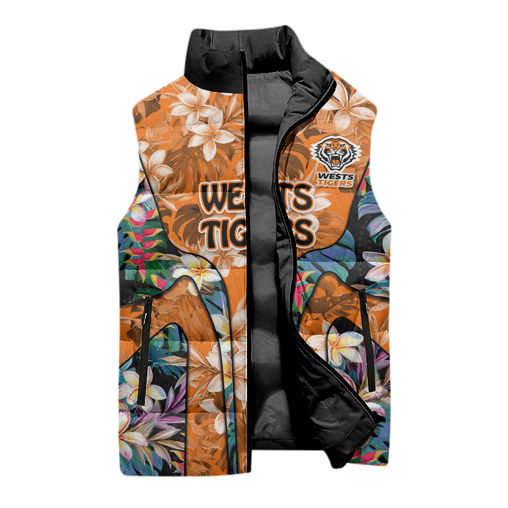 Wests Tigers Sleeveless Puffer Jacket Tropical Hibiscus Floral Pattern With Orange And Black Accents