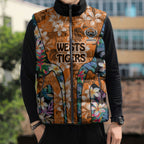 Wests Tigers Sleeveless Puffer Jacket Tropical Hibiscus Floral Pattern With Orange And Black Accents